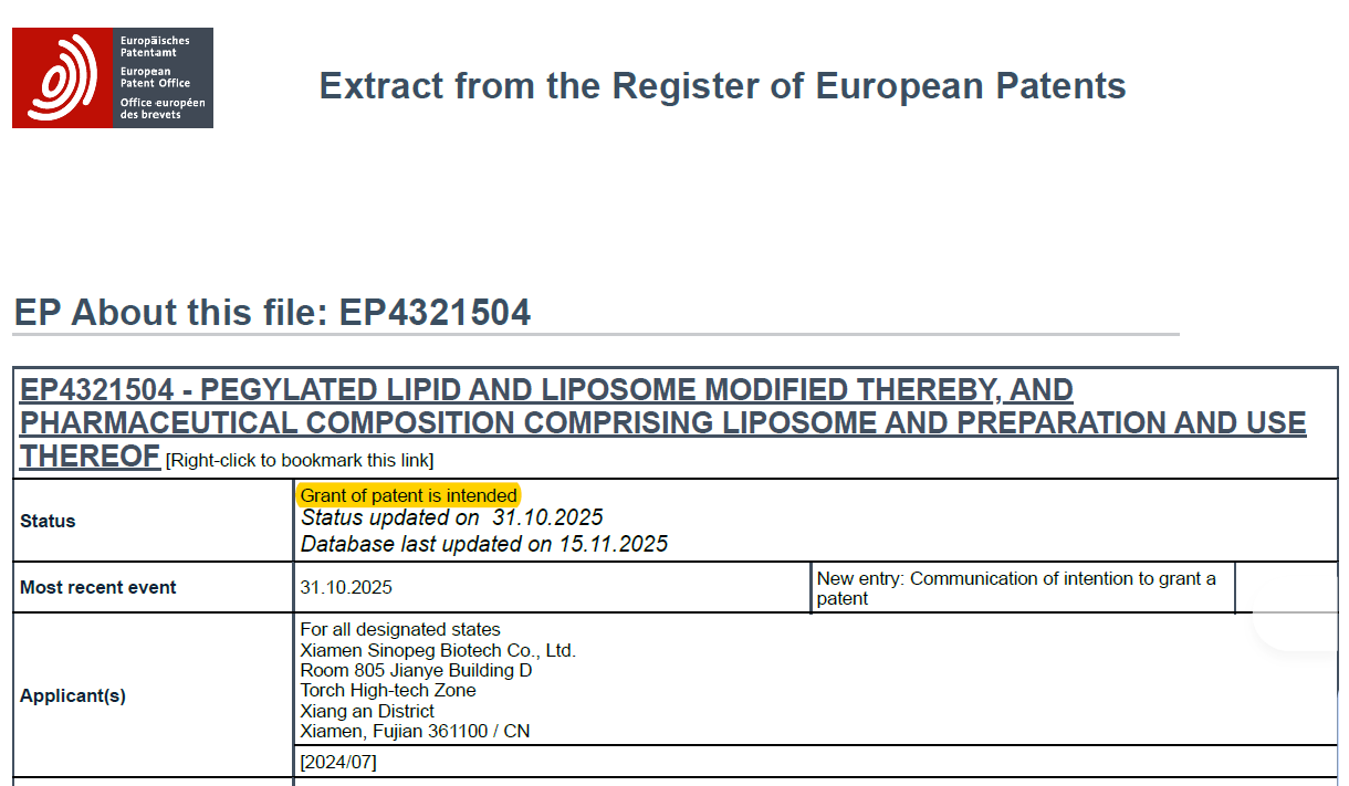 賽諾邦格mPEG-DTA-1與HO-PEG-DTA-5獲歐洲專利授權(quán)，國產(chǎn)高端LNP輔料贏得國際認(rèn)可