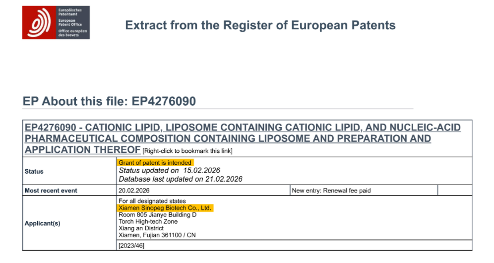 開(kāi)工大吉！賽諾邦格LNP陽(yáng)離子脂質(zhì)獲歐洲專(zhuān)利，喜提2026“開(kāi)門(mén)紅”！